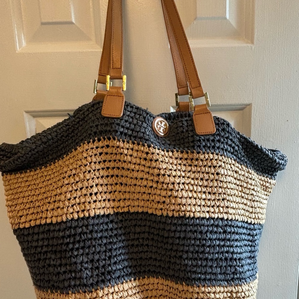 Tory Burch Blue and Tan Striped Tote